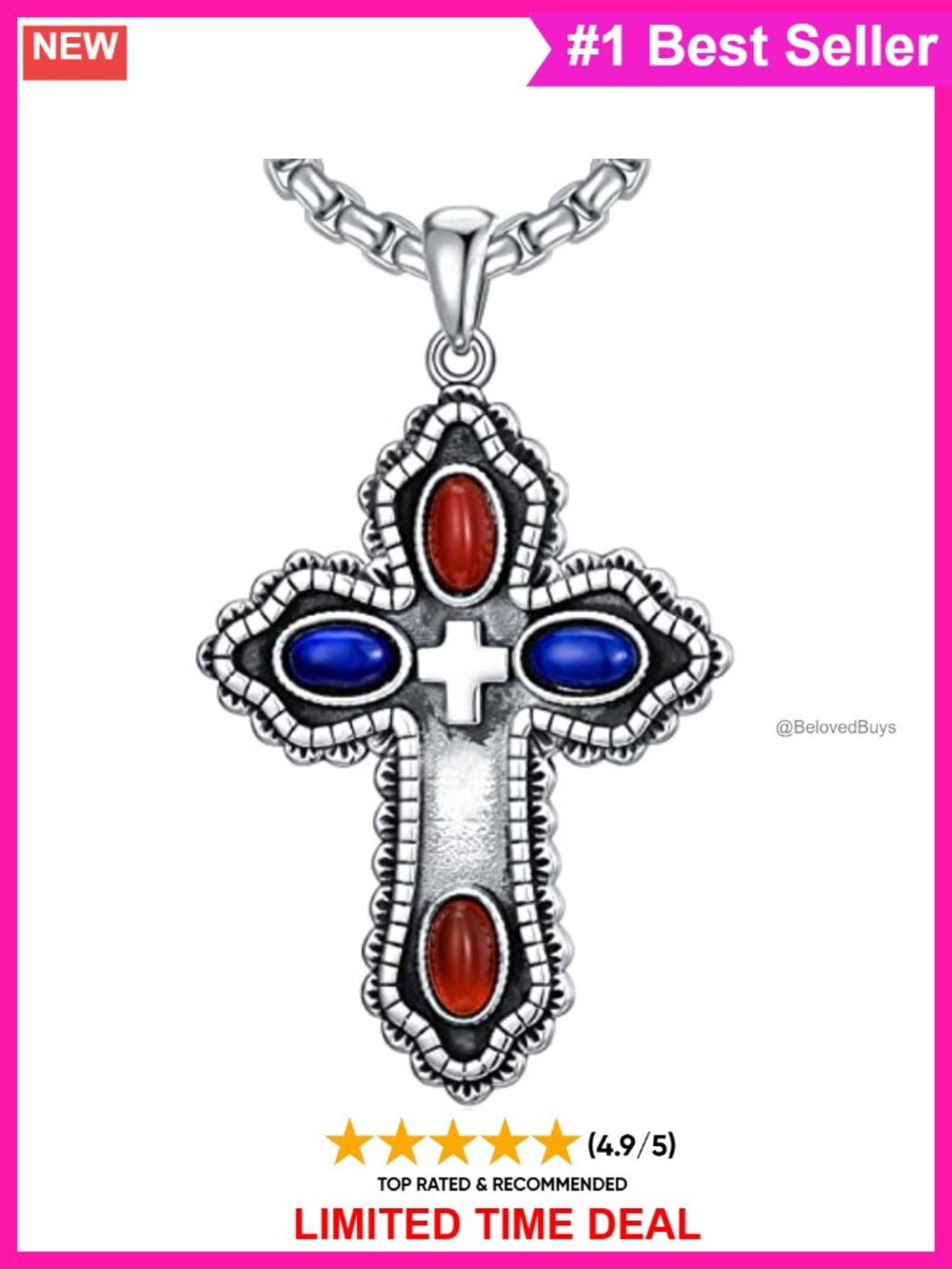 925 Sterling Silver Cross Necklace Natural Lapis Lazuli Pendant Jewelry